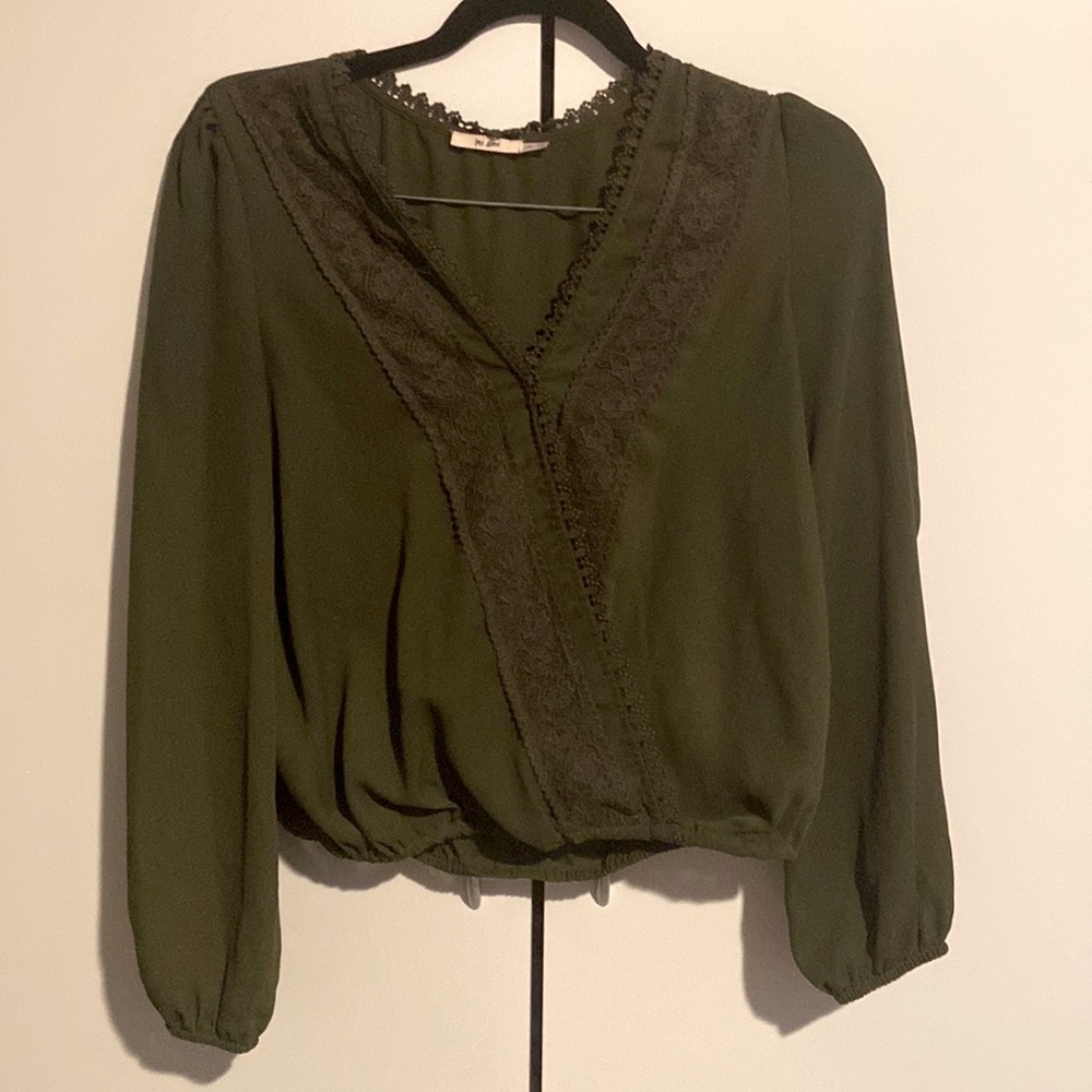 Olive Faux Wrap Blouse with Lace Detailing